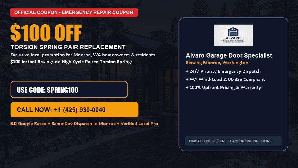 $100 OFF Dual High-Cycle Torsion Spring Replacement in Monroe, WA - Alvaro Garage Door Specialist
