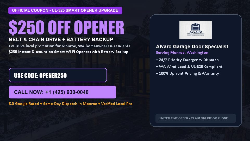 $250 OFF Smart Wi-Fi Garage Door Opener Installation in Monroe, WA - Alvaro Garage Door Specialist